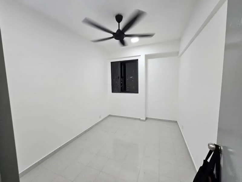 Room features: white painted walls, grey tiled flooring, 5-blade ceiling fan with light, single window, no visible furniture; style: minimalist.