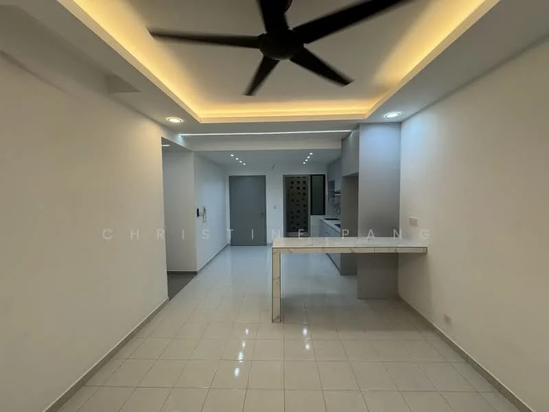 Living features: white painted walls, ceiling with recessed lighting, 5-blade ceiling fan with light, glossy white tile flooring, open layout, kitchen visible in background, dining table area, neutral color scheme; style: modern.