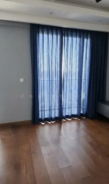 Room features: grey painted walls, wooden flooring, floor-to-ceiling windows, blue sheer curtains, balcony access, recessed downlights; style: modern.