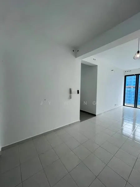 Room features: white painted walls, glossy ceramic tile flooring, recessed downlights, large floor-to-ceiling windows, open layout, neutral color scheme, minimalist design, doorway leading to another room; style: modern; view: city.