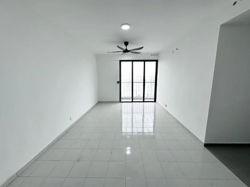 Living features: white painted walls, glossy ceramic tile flooring, 5-blade ceiling fan with light, floor-to-ceiling sliding glass door, balcony access, natural light from large windows, neutral color scheme, open layout; style: modern; view: city.