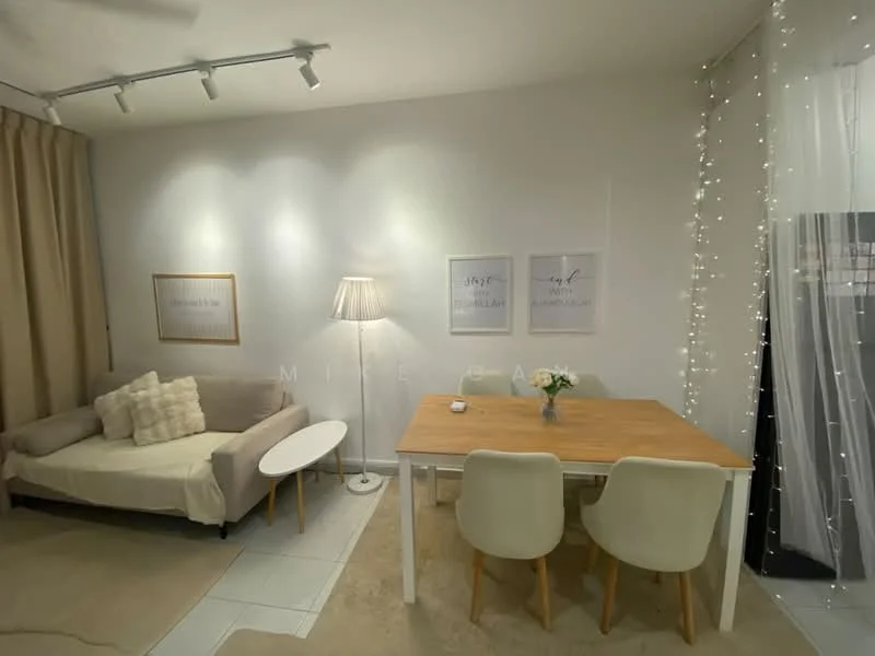 Living features: 3-seater fabric sofa in beige, decorative throw pillows, round side table, wood dining table, 2 upholstered dining chairs, floor lamp with white shade, wall-mounted artwork, string lights, cream area rug, white walls, recessed lighting, curtains; style: modern.
