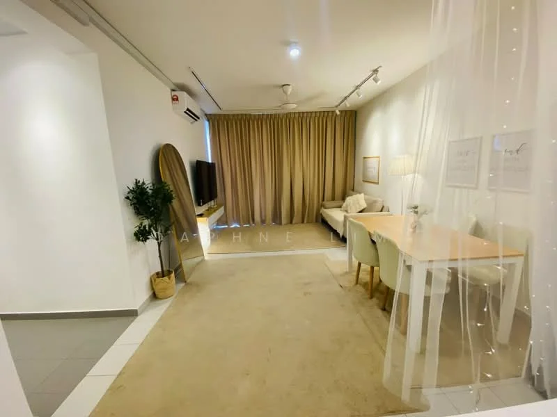 Living features: beige carpet flooring, white painted walls, ceiling fan, wall-mounted TV, wooden TV console, dining table with chairs, curtains in light beige, decorative wall art, indoor plant in pot, recessed lighting; style: modern.