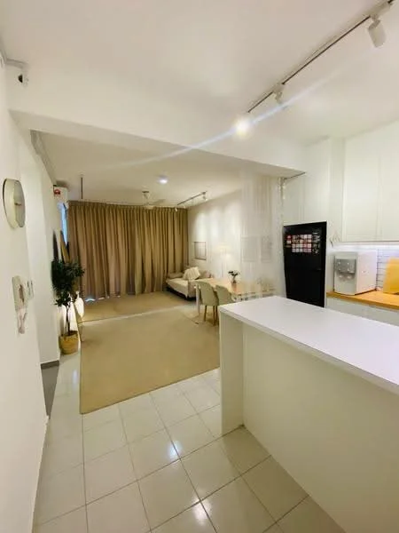 Living features: white painted walls, tile flooring, recessed downlights, curtains in beige, sofa, coffee table, area rug, decorative plants, wall-mounted TV, dining table with chairs, kitchen island with countertop, fridge; style: modern. Room features: white painted walls, tile flooring, recessed downlights.