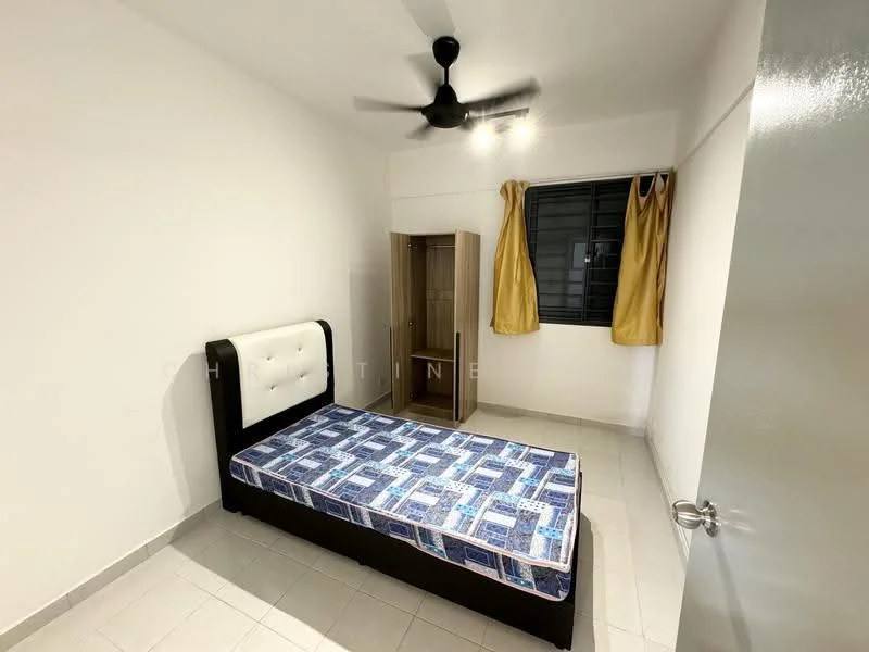 Bedroom features: single bed with upholstered headboard, ceiling fan, white painted walls, tile flooring, window with black grille, curtains in yellow, built-in wardrobe, light fixture; style: modern.