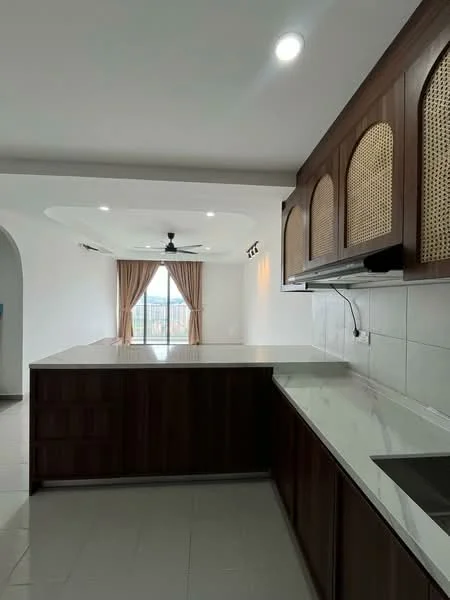 Kitchen features: white walls, tray ceiling, recessed downlights, 5-blade ceiling fan, kitchen island with seating, brown wooden cabinetry, glass-front upper cabinets, white countertop, stainless-steel sink, wall-mounted faucet, tile flooring; style: modern; view: city.