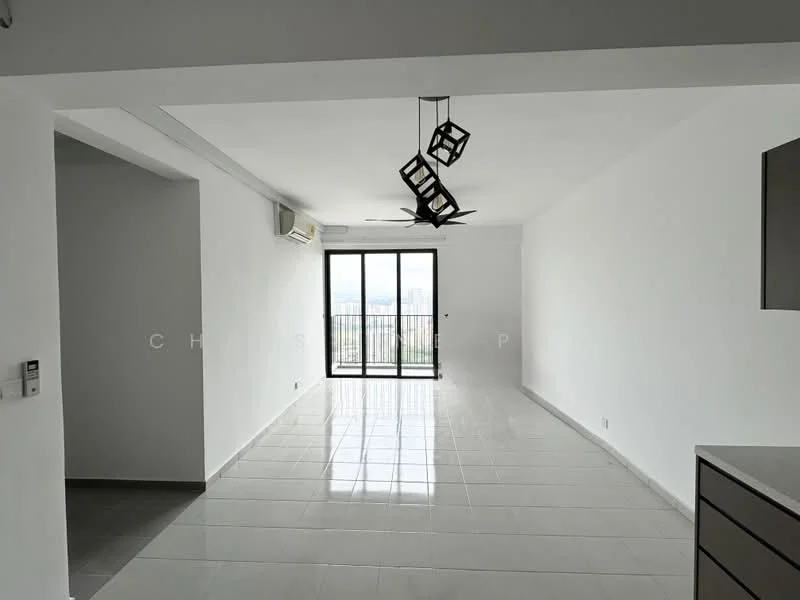 Living features: white painted walls, glossy ceramic tile flooring, 5-blade ceiling fan, track lighting, floor-to-ceiling sliding glass door, balcony view, air conditioning unit, open layout; style: modern; view: city.