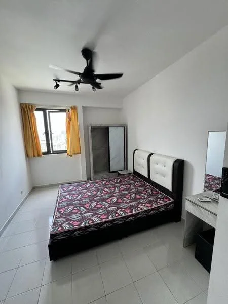 Bedroom features: queen-size bed with upholstered headboard, bedside table, mirror, ceiling fan, floor-to-ceiling window, yellow curtains, white painted walls, tiled flooring; style: modern; view: city.