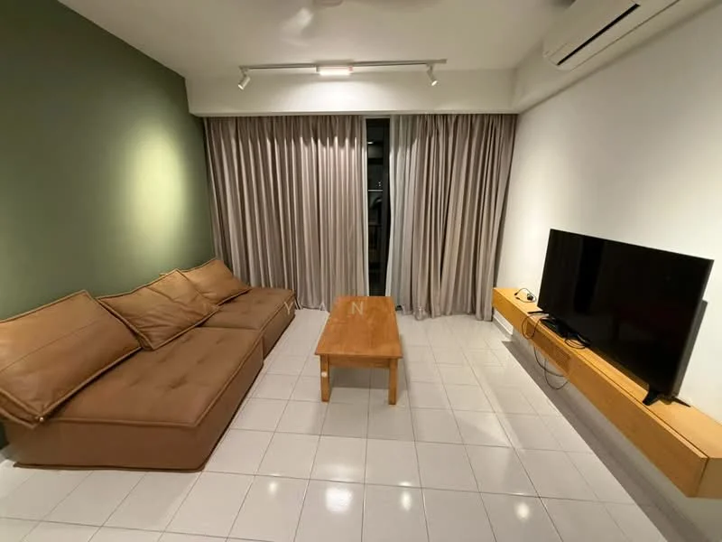 Living features: L-shape sectional sofa in brown, wood coffee table, wall-mounted TV, TV console, white painted walls, green accent wall, floor-to-ceiling windows, sheer curtains, recessed downlights, white tiled flooring, 1 wall-mounted split AC; style: modern.