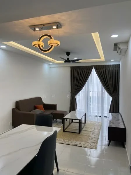 Living features: 3-seater fabric sofa in brown, coffee table, area rug with geometric pattern, wall-mounted TV, TV console, ceiling fan with integrated LED light, recessed downlights, floor-to-ceiling windows with sheer curtains, white painted walls, glossy tile flooring; style: modern.