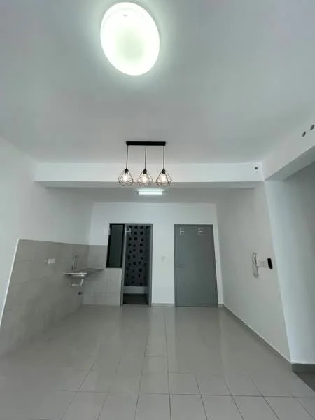 Room features: white painted walls, grey tiled flooring, recessed ceiling lights, 3-bulb pendant light fixture, kitchen sink, grey door, black accent wall, intercom system; style: modern.