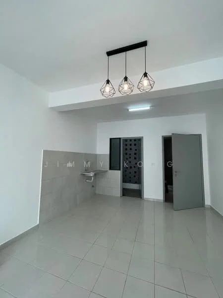 Room features: white painted walls, grey tiled backsplash, light grey floor tiles, 3 pendant lights, single-bowl stainless-steel sink, wall-mounted faucet, open layout, doorway to bathroom, doorway to another room; style: modern.