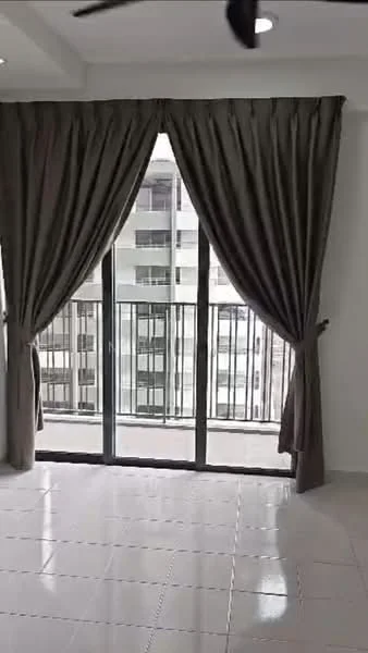 Room features: floor-to-ceiling sliding glass door, grey curtains, white walls, white tiled flooring, ceiling with recessed lighting, balcony view; style: modern; view: city.