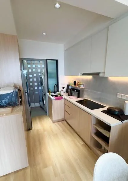 Kitchen features: light wood cabinetry, white countertops, built-in oven, stainless-steel fridge, induction cooktop, black sink, chrome pull-down faucet, open shelving, tile backsplash, recessed lighting, wooden flooring; style: modern.