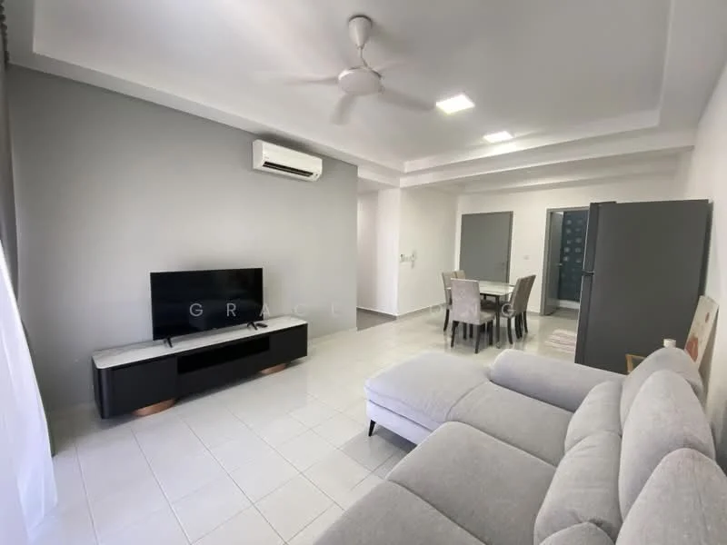 Living features: grey fabric sectional sofa, wall-mounted TV, TV console in black, white tiled flooring, ceiling fan, wall-mounted split AC, recessed LED downlights, light grey accent wall, dining table with chairs visible in background, refrigerator visible in background; style: modern.