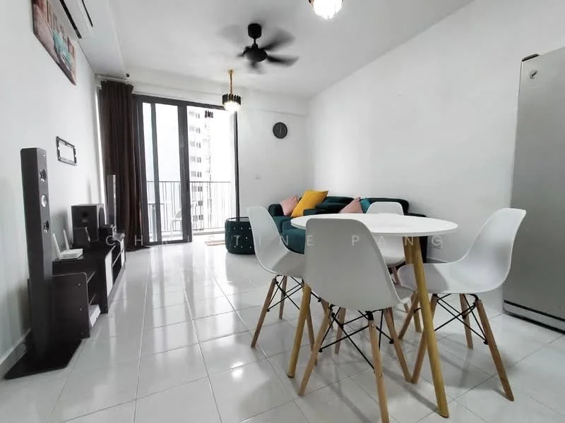 Living features: white painted walls, glossy tile flooring, 5-blade ceiling fan with light, sofa in teal, round dining table, 4 white dining chairs, floor-to-ceiling windows, curtains, TV console, wall-mounted TV, decorative wall clock, decorative artwork, balcony view; style: modern; view: city.