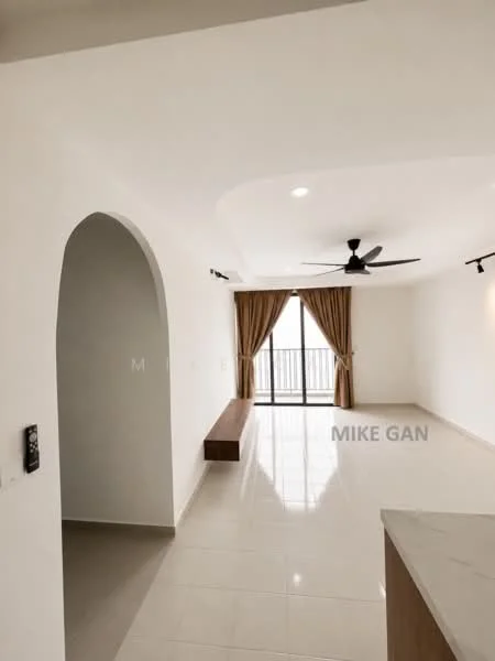 Living features: white painted walls, glossy ceramic tile flooring, tray ceiling with recessed lighting, 2-blade ceiling fan, floor-to-ceiling windows, sliding glass door, curtains, wooden bench, open layout, neutral color palette; style: modern; view: city. Room features: archway, white painted walls, glossy ceramic tile flooring.
