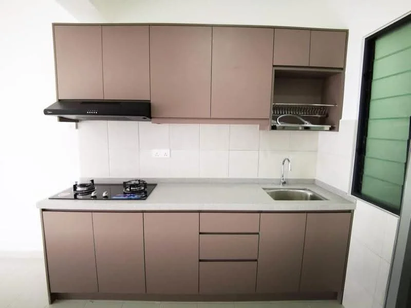 Kitchen features: brown cabinetry, grey countertop, stainless-steel sink, chrome faucet, 2-burner gas hob, black range hood, tile backsplash, open shelving, white tiled walls, white tiled flooring, window with green view; style: modern.