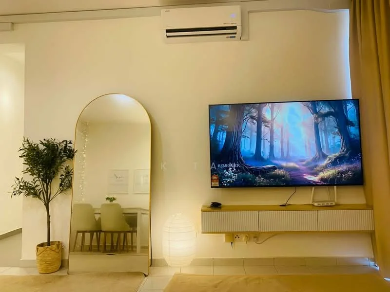 Living features: wall-mounted TV, floating TV console, floor lamp, large mirror, air conditioning unit, decorative plant in pot, beige area rug, curtains, white walls, tile flooring; style: modern.