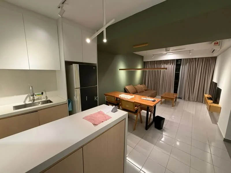Kitchen features: white cabinetry, stainless-steel sink, chrome pull-down faucet, built-in fridge, countertop with light wood finish, ceramic tile flooring; style: modern. Living features: 3-seater fabric sofa in beige, wood dining table, 4 dining chairs, wall-mounted TV, TV console, curtains, ceiling fan, recessed downlights, ceramic tile flooring; style: modern.