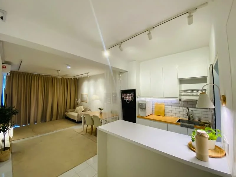 Kitchen features: white cabinetry, wood countertop, stainless-steel fridge, built-in oven, ceramic tile backsplash, white subway tile backsplash, single-bowl stainless-steel sink, chrome pull-down faucet, recessed downlights, open shelving; style: modern. Living features: beige fabric sofa, wood dining table, 4 dining chairs, area rug, curtains, wall-mounted artwork; style: modern.