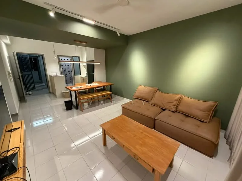 Living features: L-shape sectional sofa in brown fabric, wood coffee table, dining table with 4 chairs, green accent wall, white painted walls, glossy white tile flooring, ceiling fan, recessed downlights, curtains, open layout to kitchen, wall-mounted TV console; style: modern.