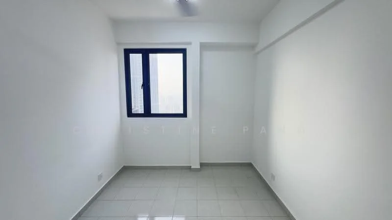 Room features: white painted walls, glossy ceramic tile flooring, one window with blue frame, no visible furniture, neutral lighting, minimalist design, corner room, no visible decor; style: minimalist; view: city.
