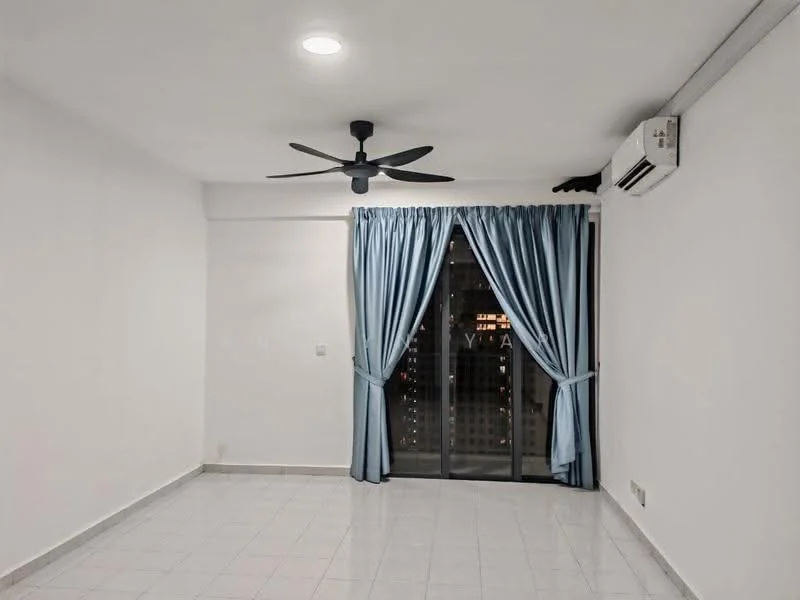 Living features: white painted walls, glossy ceramic tile flooring, 5-blade ceiling fan with light, floor-to-ceiling sliding glass door, blue sheer curtains, wall-mounted split AC, neutral decor, city view through the glass door; style: modern; view: city.