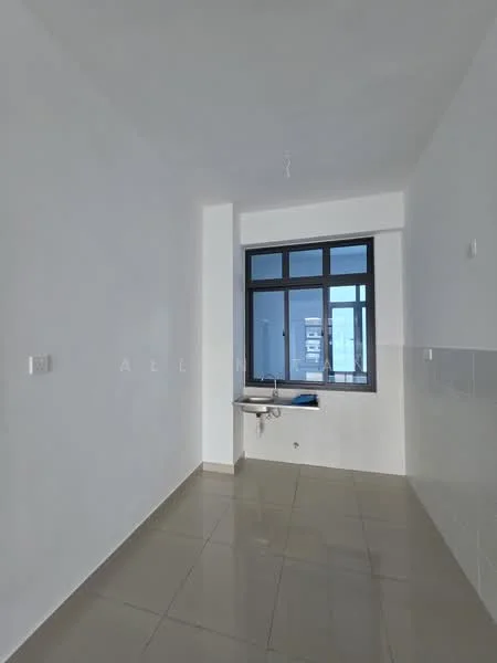 Room features: white painted walls, grey tiled flooring, single-bowl stainless-steel sink, window with black frame, wall-mounted faucet, light fixture on ceiling; style: modern.