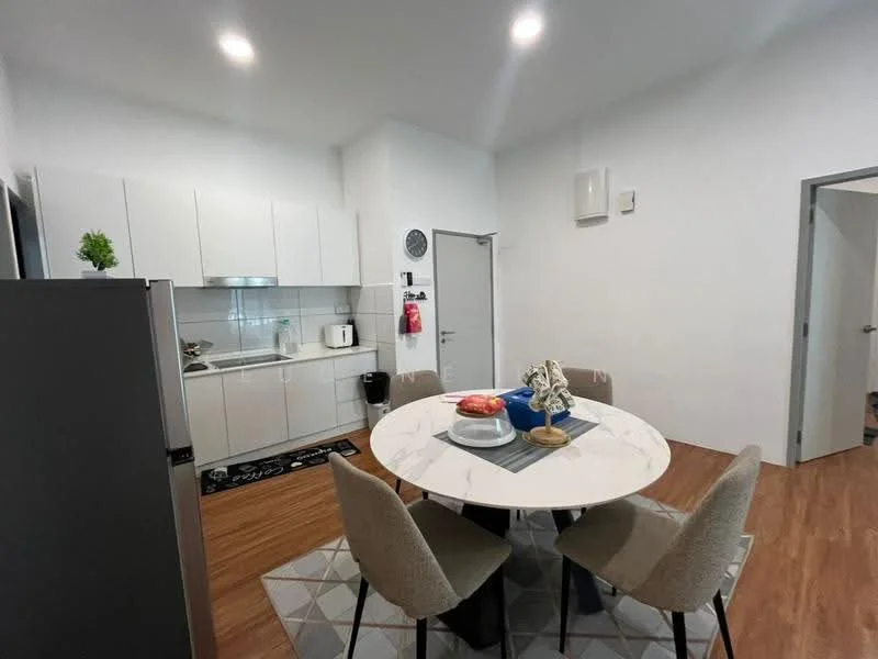 Kitchen features: white cabinetry, marble dining table, 4 upholstered dining chairs, stainless-steel fridge, built-in oven, ceramic cooktop, white backsplash, wood laminate flooring, recessed downlights, kitchen sink, microwave, dishwasher, wall clock; style: modern.