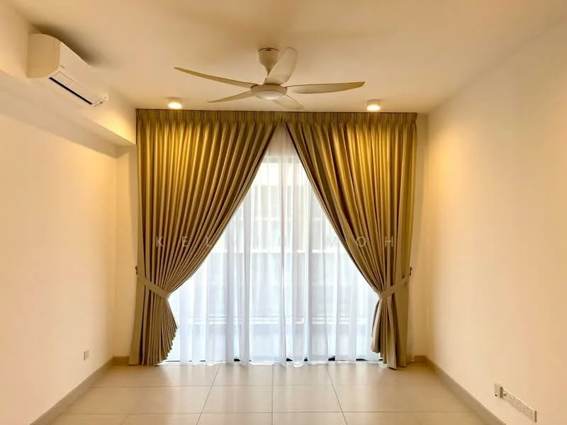 Living features: 5-blade ceiling fan with light, wall-mounted split AC, floor-to-ceiling windows, sheer curtains, heavy drapes, light beige wall, light beige tiled flooring, recessed downlights; style: modern.