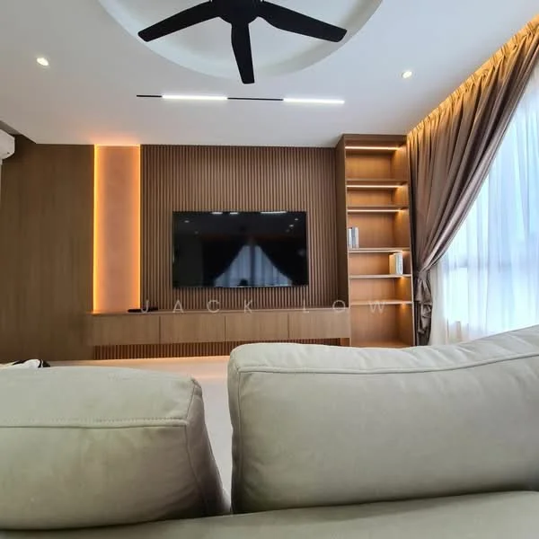 Living features: 5-blade ceiling fan with integrated LED light, wall-mounted TV, wood panel feature wall, built-in shelving unit, recessed lighting, cream fabric sofa, floor-to-ceiling windows with sheer curtains, light wood flooring, decorative wall lighting; style: modern.