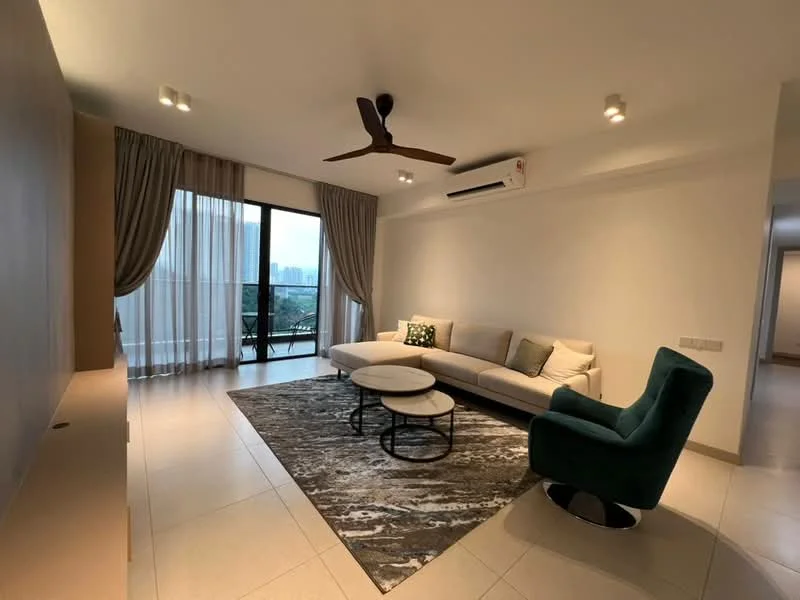 Living features: 3-seater fabric sofa in light grey, accent chair in green, round coffee table with black and white design, area rug with abstract pattern, floor-to-ceiling windows, sheer curtains, 5-blade ceiling fan with light, wall-mounted air conditioning unit, light-colored walls, tile flooring; style: modern; view: city.