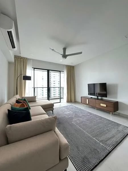 Living features: 3-seater fabric sofa in beige, 2-seater fabric sofa in beige, green and orange decorative cushions, area rug with striped pattern, wall-mounted TV, wooden TV console with gold handles, floor lamp with black shade, 5-blade ceiling fan with integrated light, floor-to-ceiling windows, sheer curtains, light grey painted walls, light grey tiled flooring; style: modern; view: city.