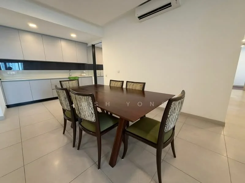 Dining features: 6-seater dining table, wooden dining table with dark finish, upholstered dining chairs with patterned fabric, white painted walls, recessed downlights, floor-to-ceiling windows, air conditioning unit, ceramic tile flooring; style: modern. Kitchen features: grey cabinetry, white countertops, built-in appliances, undermount sink, chrome faucet; style: modern.