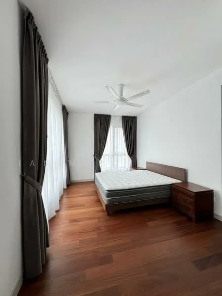 Bedroom features: queen-size bed, wooden bed frame, dark wood bedside table, 5-blade ceiling fan, floor-to-ceiling windows, sheer curtains, dark grey curtains, wooden flooring, white painted walls; style: modern.