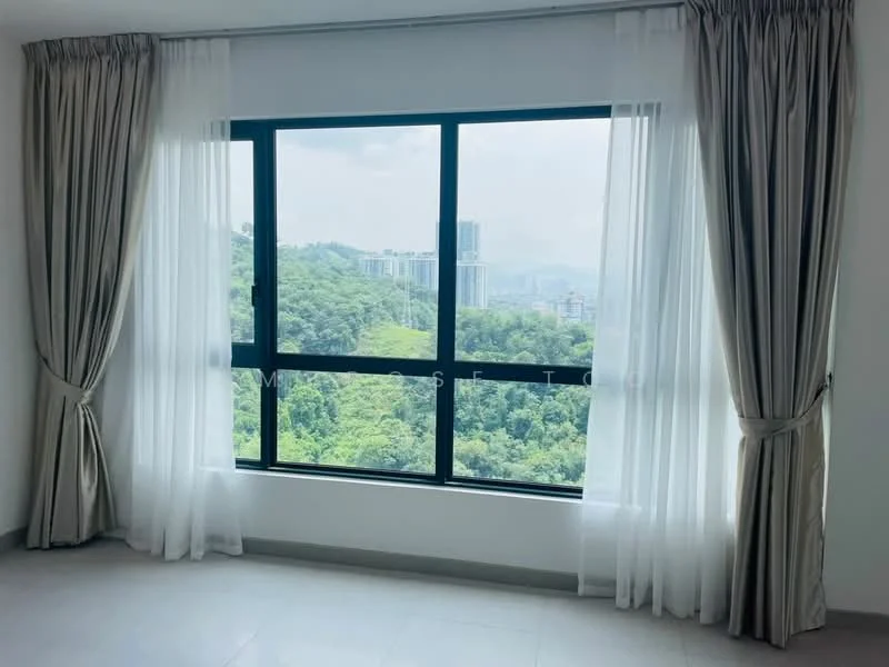 Room features: floor-to-ceiling windows, sheer curtains, blackout curtains, mountain view, light-colored walls, light-colored flooring; style: modern; view: mountain.