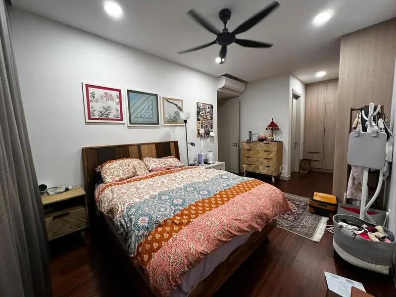 Bedroom features: king-size bed with patterned bedding, wooden bed frame, two bedside tables, table lamp on bedside table, framed artwork on walls, recessed ceiling lights, ceiling fan, wooden wardrobe with sliding doors, area rug with geometric pattern, wooden flooring; style: modern.