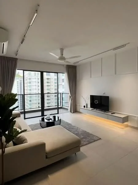 Living features: floor-to-ceiling windows, sliding glass door, 5-blade ceiling fan with light, light grey fabric sofa, black coffee table, area rug with geometric pattern, wall-mounted TV, TV console with LED lighting, decorative plant in ceramic pot, curtains, neutral painted walls, tile flooring; style: modern; view: city.
