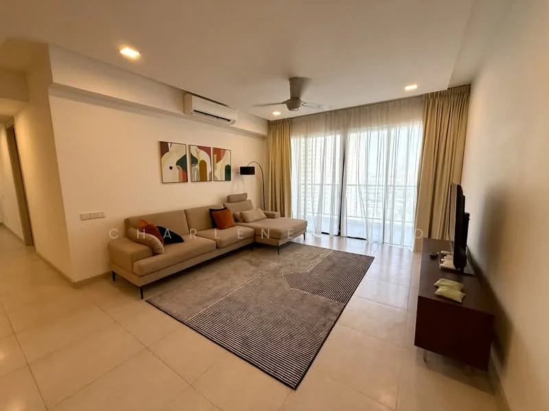 Living features: 3-seater fabric sofa in beige, area rug with striped pattern, wall-mounted TV, TV console, floor-to-ceiling windows, sheer curtains, ceiling fan, recessed downlights, cream painted walls, tile flooring; style: modern; view: city.