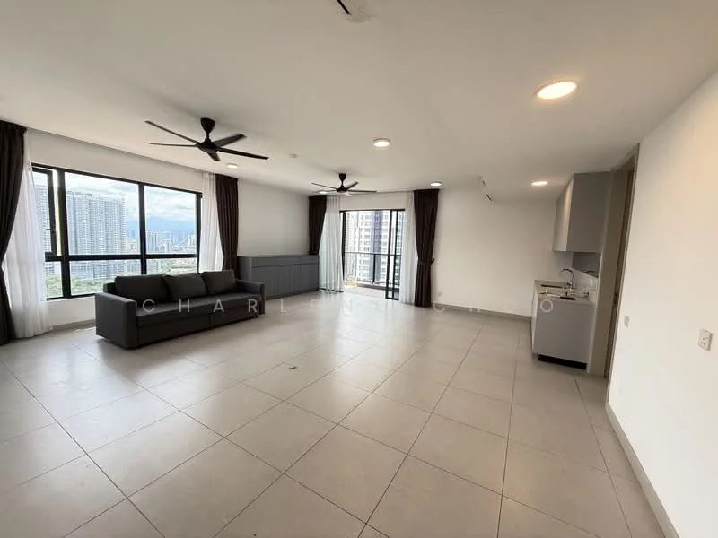 Living features: large floor-to-ceiling windows, grey fabric sofa, 2 ceiling fans, recessed downlights, light-colored tiled flooring, open layout, city skyline view, wall-mounted TV, kitchenette area with cabinets, stainless-steel fridge; style: modern; view: city.