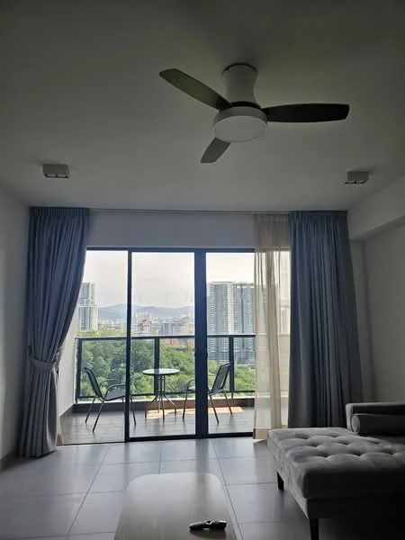 Living features: floor-to-ceiling sliding glass door, curtains in light grey, 5-blade ceiling fan, light grey sofa, coffee table, tile flooring, wall-mounted lights, view of city skyline; style: modern; view: city.