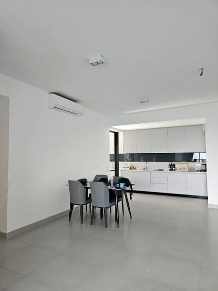 Dining features: dining table with 4 grey chairs, white walls, recessed ceiling lights, wall-mounted split AC, grey tile flooring, kitchen cabinetry with white finish, countertop with sink, built-in appliances visible in kitchen area; style: modern.