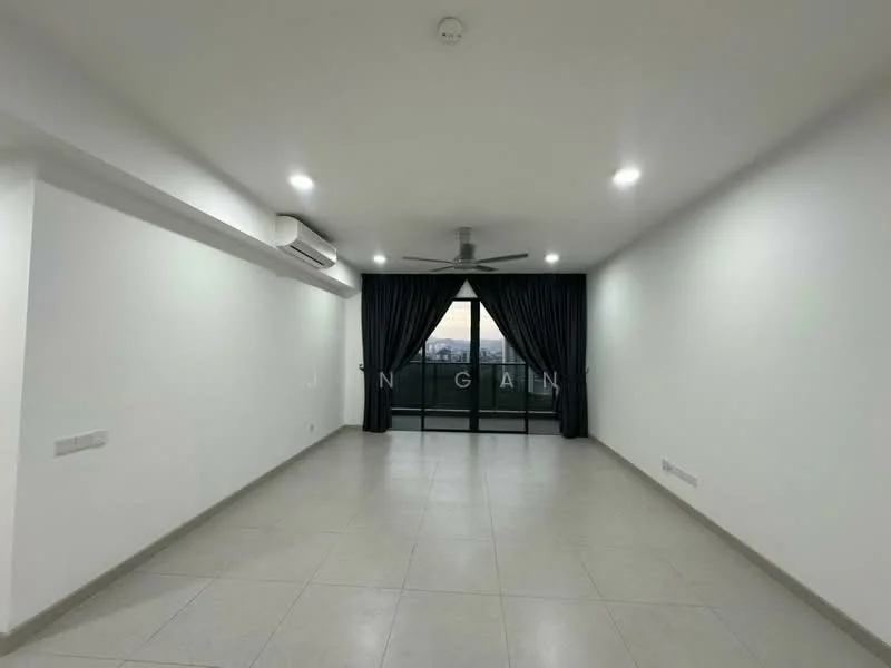 Living features: white painted walls, grey tiled flooring, 5-blade ceiling fan with light, floor-to-ceiling sliding glass door, blackout curtains, recessed LED downlights, balcony view, air conditioning unit; style: modern; view: city.