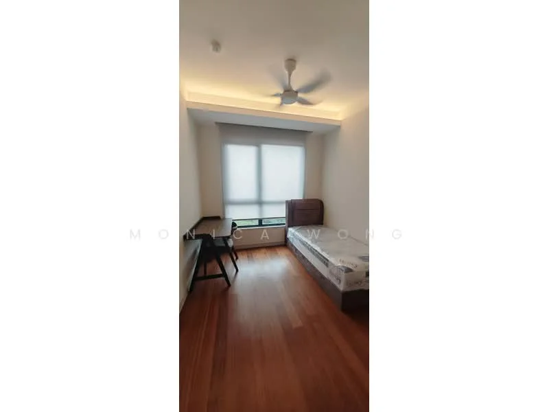 Bedroom features: single bed, wooden flooring, ceiling fan, window with roller blinds, desk, lighted ceiling, neutral wall color, built-in wardrobe; style: modern.