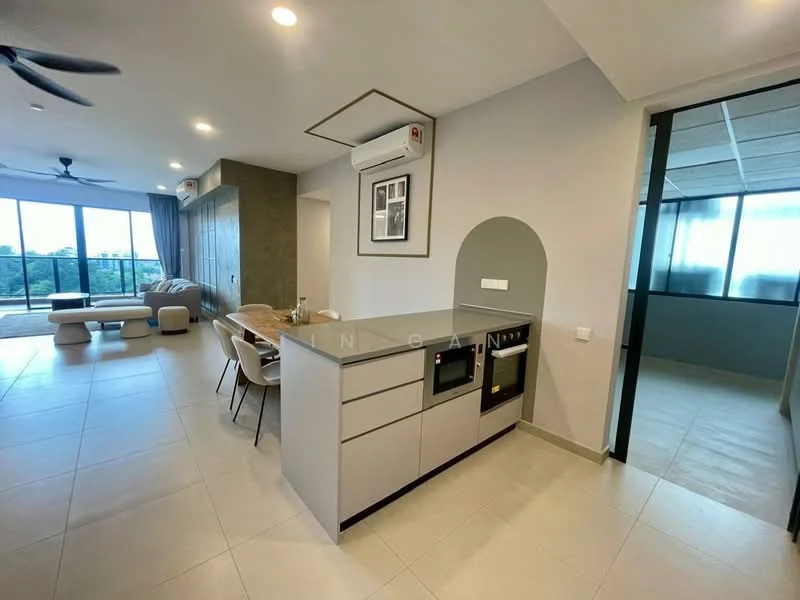 Kitchen features: grey cabinetry, white countertop, built-in oven, microwave, stainless-steel sink, chrome pull-down faucet, pendant lighting, open shelving, tile flooring, wall-mounted split AC, dining table with chairs, floor-to-ceiling windows, view of outdoor space; style: modern; view: city. Living features: sofa, coffee table, floor-to-ceiling windows, natural light, tile flooring; style: modern; view: city. Room features: partition wall, large windows, natural light.