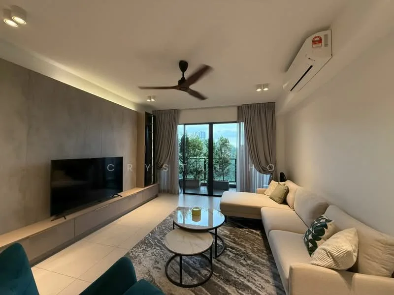 Living features: 3-seater fabric sofa in beige, 2-seater fabric sofa in teal, round coffee table with glass top, wall-mounted TV, TV console with storage, ceiling fan, recessed downlights, floor-to-ceiling windows, curtains, tile flooring, accent wall with textured finish, view of greenery; style: modern; view: garden.