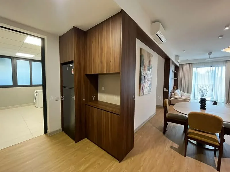 Room features: wood paneling, light wood flooring, recessed ceiling lights, air conditioning unit, open shelving, black fridge, dining table, upholstered dining chairs, large windows with natural light, artwork on wall; style: modern.