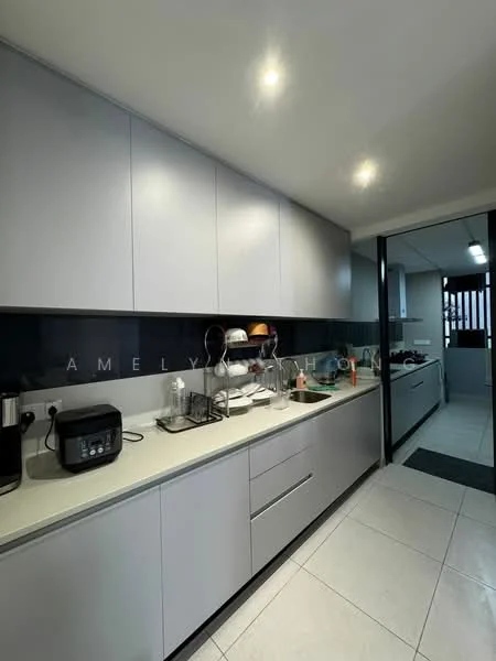 Kitchen features: grey flat-panel cabinets, white countertop, stainless-steel sink, chrome pull-down faucet, built-in oven, toaster, blender, kettle, recessed LED downlights, ceramic tile flooring, black backsplash, open shelving; style: modern.