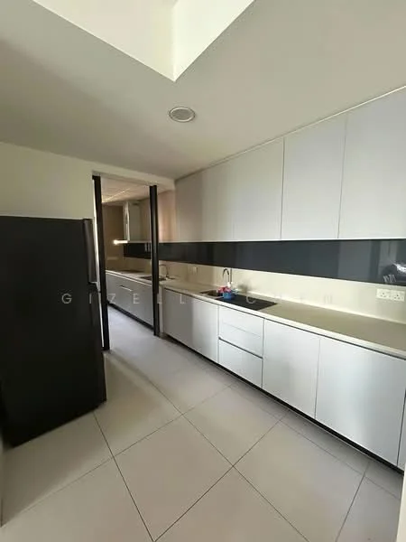 Kitchen features: white cabinetry, black backsplash, stainless-steel sink, chrome faucet, built-in oven, fridge, countertop with integrated sink, tile flooring, recessed lighting, wall-mounted cabinets, open shelving, neutral wall color, sliding door, window for natural light; style: modern.